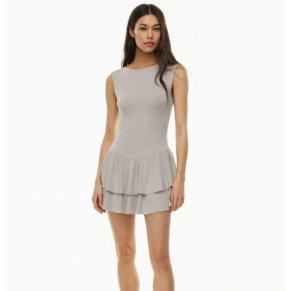 Aritzia‎ Wilfred Goodlux Bloomsbury Mini Dress MEDIUM Ruffled Gray Sleeveless - Picture 3 of 11